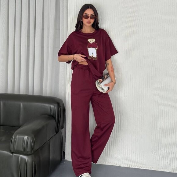 Cute Teddy Bear Graphic Lounge Set in Burgundy, Gray, & Black - S, M, L, XL - Picture 1 of 4